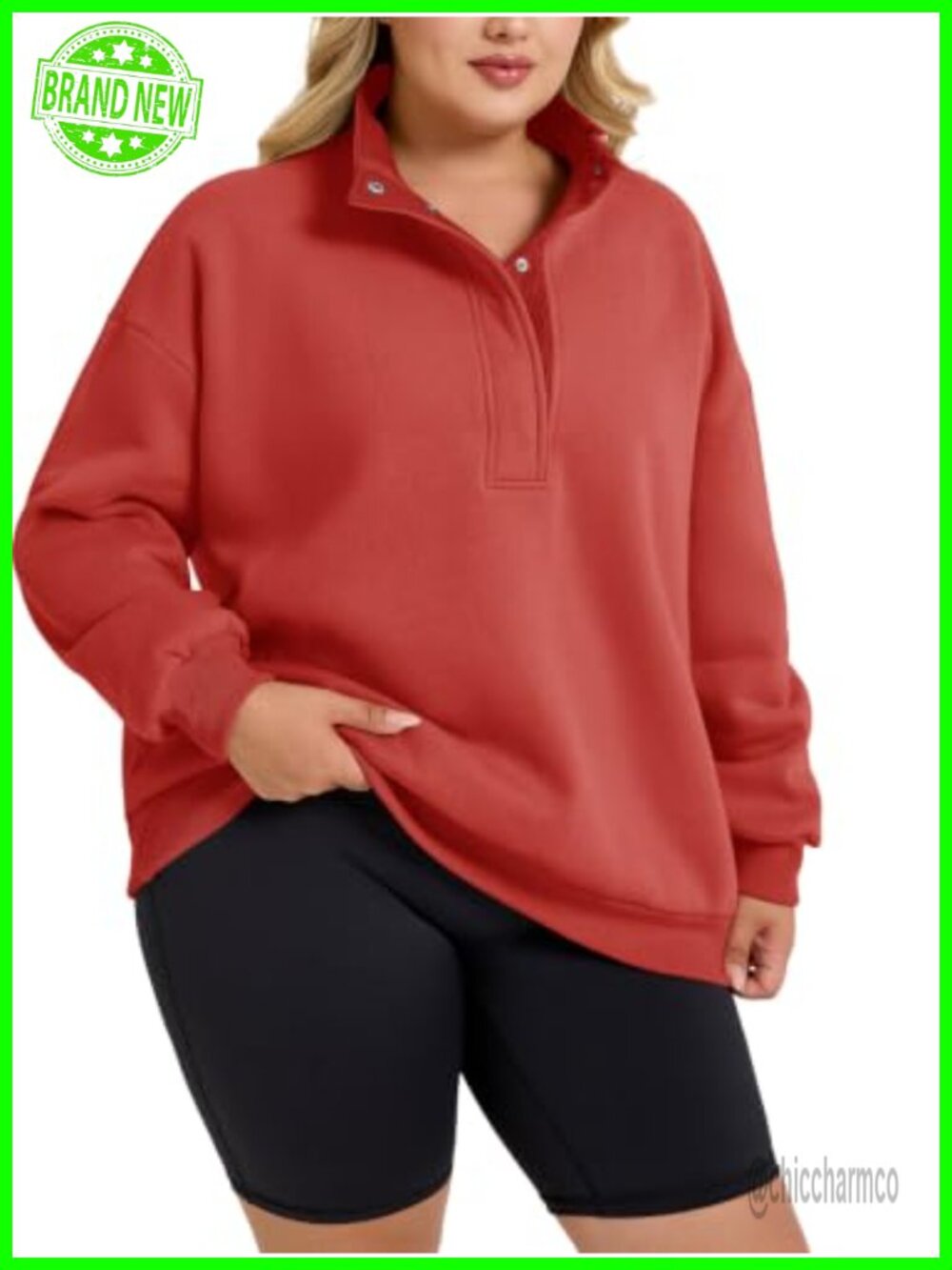 Plus Size Mock Neck Henley Sweatshirt Snap Button Pullover Long Sleeve